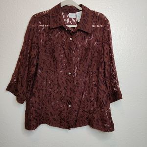 White Stag Sheer Brown Button Down Multi Print Midi Sleeve Shirt Size Large